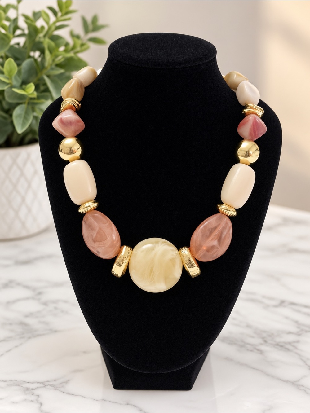 Statement Resin Bead Necklace in Cream and Blush